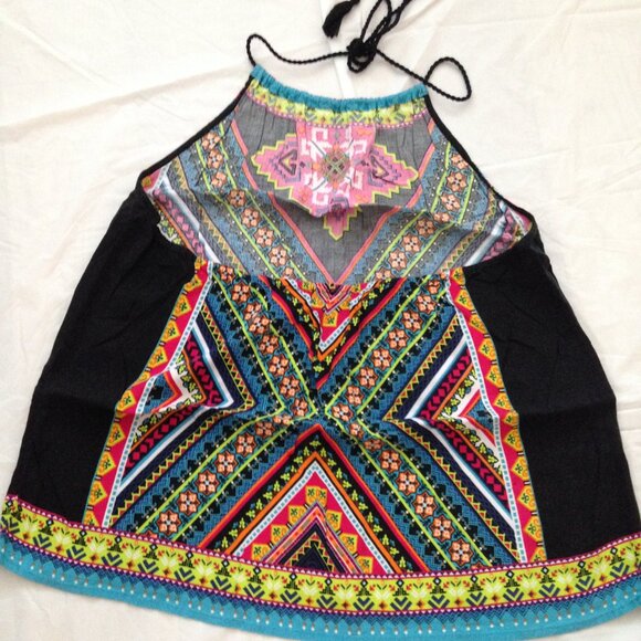 Very Colorful/Multicolored Fringe Tie Back Halter Top, Stretchy Garter Back, Med - Picture 2 of 9